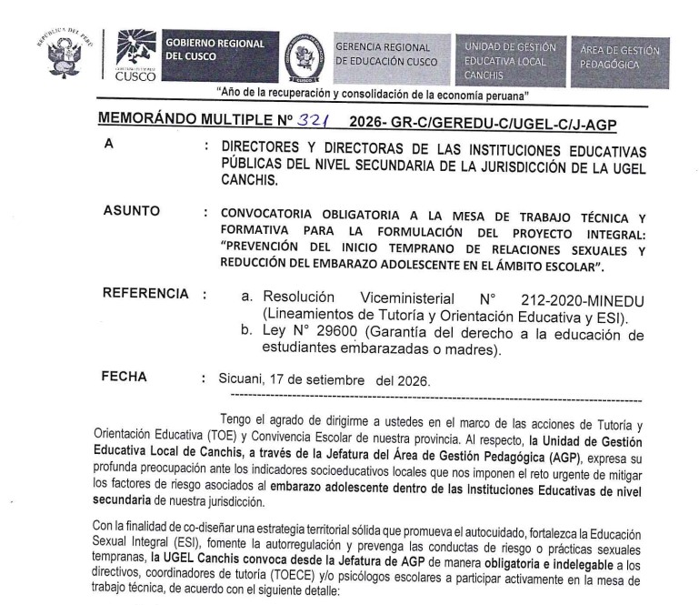 Convocatoria OBLIGATORIA A LA MESA DE TRABAJO TÉCNICA Y FORMATIVA PARA LA FORMULACIÓN DEL PROYECTO INTEGRAL: "PREVENCIÓN DEL INICIO TEMPRANO DE RELACIONES SEXUALES Y REDUCCIÓN DEL EMBARAZO ADOLESCENTE EN EL ÁMBITO ESCOLAR".