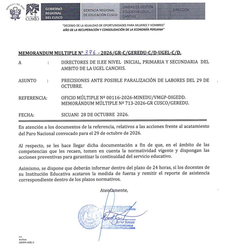 Precisiones ANTE POSIBLE PARALIZACIÓN DE LABORES DEL 29 DE OCTUBRE.
