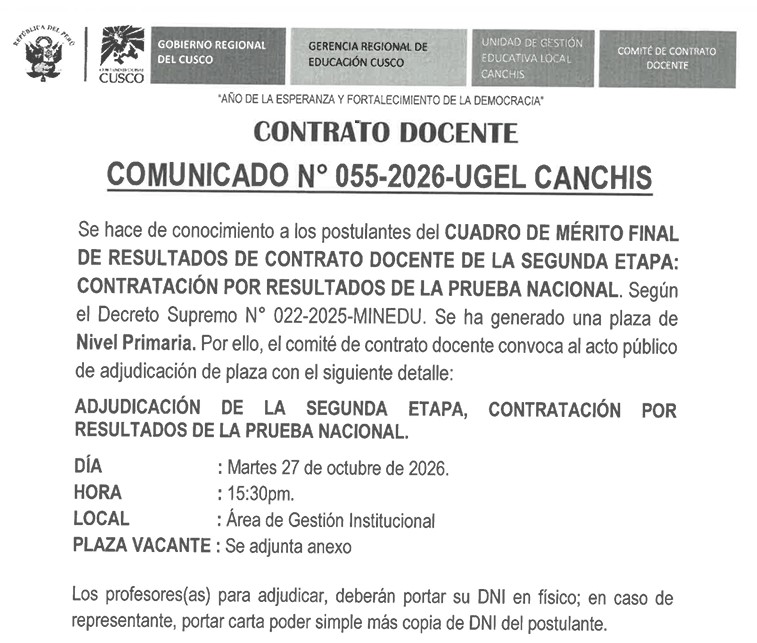 CONTRATO DOCENTE COMUNICADO N° 055-2026-UGEL CANCHIS