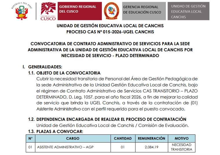 Proceso CAS Nº 015-2026-UGEL CANCHIS CONVOCATORIA DE CONTRATO ADMINISTRATIVO DE SERVICIOS PARA LA SEDE ADMINISTRATIVA DE LA UNIDAD DE GESTIÓN EDUCATIVA LOCAL DE CANCHIS POR NECESIDAD DE SERVICIO - PLAZO DETERMINADO