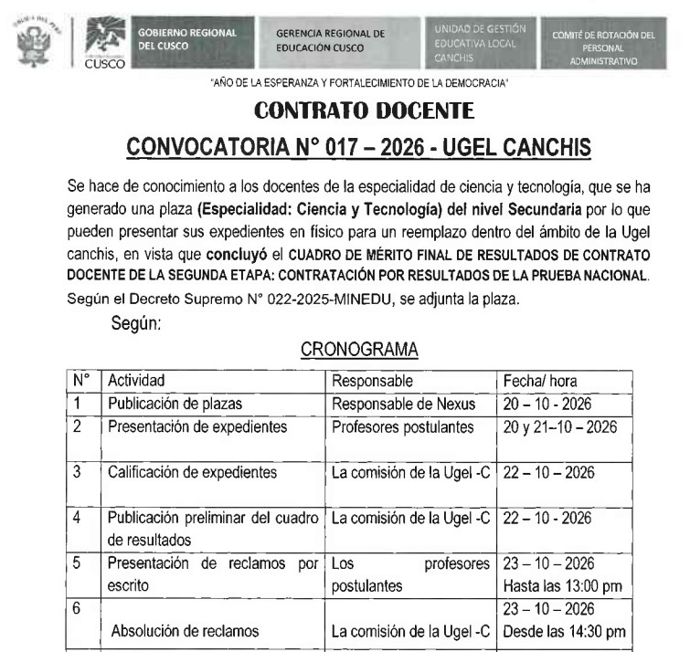 CONTRATO DOCENTE Convocatoria N° 017 - 2026 - UGEL CANCHIS