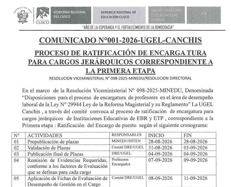 Comunicado N° 001-2026-UGEL-CANCHIS PROCESO DE RATIFICACIÓN DE ENCARGA TURA PARA CARGOS JERÁROUICOS CORRESPONDIENTE A LA PRIMERA ETAPA