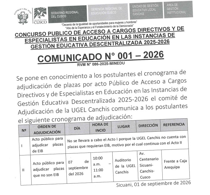 Comunicado N° 001 - 2026 - CONCURSO PUBLICO DE ACCESO A CARGOS DIRECTIVOS Y DE ESPECIALISTAS EN EDUCACION EN LAS INSTANCIAS DE GESTION EDUCATIVA DESCENTRALIZADA 2025-2026 RVM N' 086-2025-MINEDU