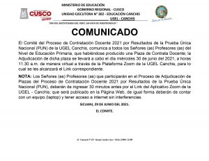 Read more about the article COMUNICADO – CONTRATACIÓN DOCENTE 2021 POR RESULTADOS DE LA PRUEBA ÚNICA NACIONAL (PUN) DE LA UGEL CANCHIS