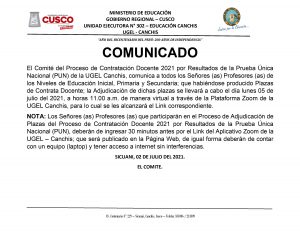 Read more about the article COMUNICADO – Proceso de Contratación Docente 2021 por Resultados de la Prueba Única Nacional (PUN) de la UGEL Canchis