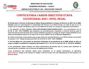 Read more about the article CONVOCATORIA CARGOS DIRECTIVOS ETAPA EXCEPCIONAL 2021: NIVEL INCIAL