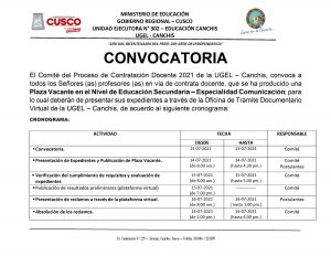 Read more about the article CONVOCATORIA – Proceso de Contratación Docente 2021 de la UGEL – Canchis