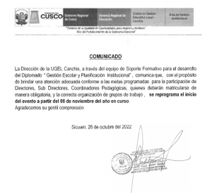 Read more about the article COMUNICADO – Soporte Formativo para el desarrollo del Diplomado “ Gestión Escolar y Planificación Institucional”