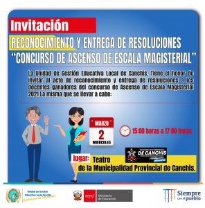 Read more about the article INVITACIÓN – RECONOCIMIENTO Y ENTREGA DE RESOLUCIONES “CONCURSO DE ASCENSO DE ESCALA MAGISTERIAL”