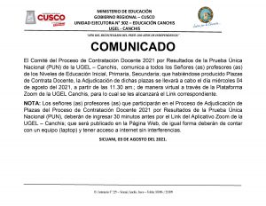 Read more about the article COMUNICADO – Proceso de Contratación Docente 2021 por Resultados de la Prueba Única Nacional (PUN) de la UGEL – Canchis