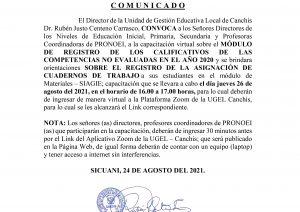 Read more about the article C O M U N I C A D O – CAPACITACIÓN VIRTUAL SOBRE EL MÓDULO DE REGISTRO DE LOS CALIFICATIVOS DE LAS COMPETENCIAS NO EVALUADAS EN EL AÑO 2020