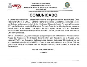 Read more about the article COMUNICADO – Proceso de Contratación Docente 2021 por Resultados de la Prueba Única Nacional (PUN) de la UGEL – Canchis y por Evaluación de Expedientes