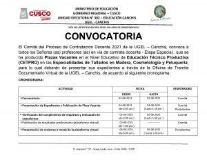 Read more about the article CONVOCATORIA – Proceso de Contratación Docente 2021 de la UGEL – Canchis, convoca a todos los Señores (as) profesores (as) en vía de contrata docente – Etapa Especial