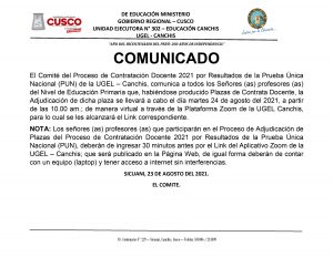 Read more about the article COMUNICADO – Proceso de Contratación Docente 2021 por Resultados de la Prueba Única Nacional (PUN) de la UGEL – Canchis