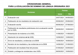 Read more about the article Cronograma general para la evaluación de dominio de lengua originaria 2021