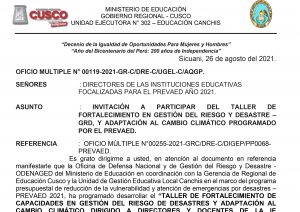 Read more about the article INVITACIÓN A PARTICIPAR DEL TALLER DE FORTALECIMIENTO EN GESTIÓN DEL RIESGO Y DESASTRE – GRD, Y ADAPTACIÓN AL CAMBIO CLIMÁTICO PROGRAMADO POR EL PREVAED.