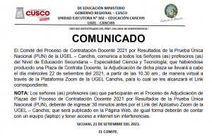 Read more about the article COMUNICADO – Proceso de Contratación Docente 2021 por Resultados de la Prueba Única Nacional (PUN) de la UGEL – Canchis