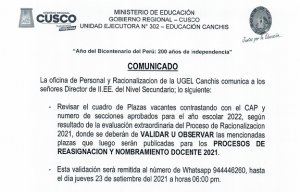 Read more about the article COMUNICADO – La oficina de Personal y Racionalización de la UGEL Canchis comunica a los señores Director de II.EE. del Nivel Secundario; lo siguiente: