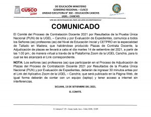 Read more about the article COMUNICADO – Proceso de Contratación Docente 2021 por Resultados de la Prueba Única Nacional (PUN) de la UGEL – Canchis y por Evaluación de Expedientes