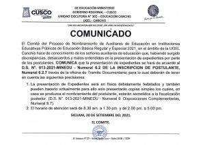 Read more about the article COMUNICADO – Proceso de Nombramiento de Auxiliares de Educación en Instituciones Educativas Públicas de Educación Básica Regular y Especial 2021