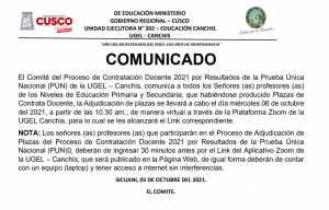 Read more about the article COMUNICADO – Proceso de Contratación Docente 2021 por Resultados de la Prueba Única Nacional (PUN) de la UGEL – Canchis