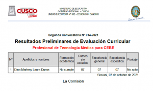 Read more about the article Resultados Preliminares de Evaluación Curricular CAS Nº 014-2021 Profesional de Tecnología Médica para CEBE