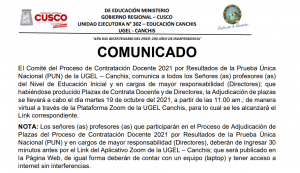 Read more about the article COMUNICADO – Proceso de Contratación Docente 2021 por Resultados de la Prueba Única Nacional (PUN) de la UGEL – Canchis