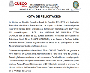 Read more about the article NOTA DE FELICITACIÓN – FELICITAMOS a la I.E. Julio Alberto Ponce Antúnez de Mayolo por haber obtenido el primer lugar en la II Etapa de la Feria Nacional de Ciencia y Tecnología EUREKA virtual 2021