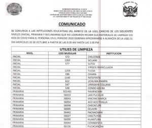 Read more about the article COMUNICADO – Se comunica a las II.EE. del ámbito UGEL CANCHIS que no lograron recoger sus materiales de limpieza y/o kids de Covid periodo 2020 deberán aproximarse a almacén