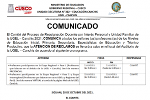 Read more about the article COMUNICADO – El comité de reasignación docente por interés personal y unidad familiar comunica que la atención de reclamos se llevara a cabo en el auditorio de la UGEL CANCHIS