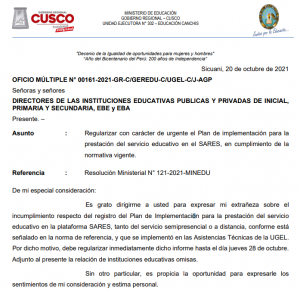 Read more about the article Directores de las II.EE. Deben regularizar con carácter de urgente el Plan de implementación para la prestación del servicio educativo en el SARES, en cumplimiento de la normativa vigente.