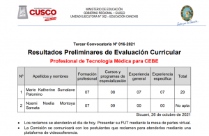 Read more about the article Resultados Preliminares de Evaluación Curricular CAS N° 016-2021 – Profesional de Tecnología Médica para CEBE