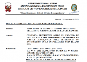 Read more about the article COMUNICADO – PRECISIONES SOBRE EL PROCESO DE EVALUACION A LOS PROFESORES ENCARGADOS EN PUESTOS JERARQUICOS PARA DETERMINAR SU RATIFICACION EN LA ENCARGATURA PARA EL AÑO 2022.