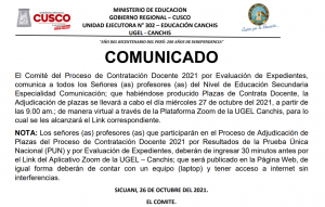 Read more about the article COMUNICADO – A todos los Señores(as) profesores(as) del Nivel de Educación Secundaria Especialidad Comunicación; que habiéndose producido Plazas de Contrata Docente, la Adjudicación de plazas se llevará a cabo el día miércoles 27 de octubre del 2021