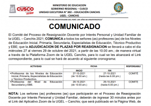 Read more about the article COMUNICADO – A todos los señores(as) profesores(as) de todos los Niveles de Educación, Especialistas de Educación, Técnico Productivo y EBE; que la ADJUDICACION DE PLAZAS POR REASIGNACION se llevará a cabo el día miércoles 27 al viernes 29 de octubre del 2021