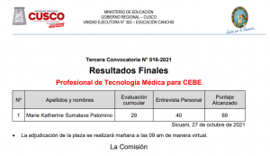 Read more about the article Adjudicación de plaza CAS N° 016-2021 – Profesional de Tecnología Médica para CEBE