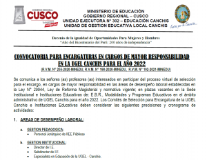 Read more about the article CONVOCATORIA PARA ENCARGATURAS EN CARGOS DE MAYOR RESPONSABILIDAD EN LA UGEL CANCHIS PARA EL AÑO 2022