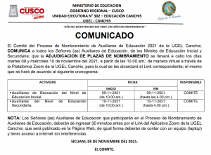 Read more about the article COMUNICADO – A todos los Señores(as) Auxiliares de Educación, de los Niveles de Educación Inicial y Secundaria; que la ADJUDICACION DE PLAZAS DE NOMBRAMIENTO se llevará a cabo los días martes 09 y miércoles 10 de noviembre del 2021