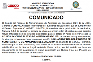 Read more about the article COMUNICADO – MODIFICACION DEL CUADRO FINAL DEL PROCESO DE NOMBRAMIENTO DE AUXILIARES DE EDUCACION 2021 UGEL CANCHIS