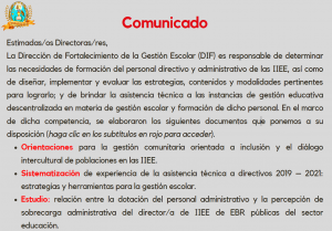 Read more about the article La Dirección de Fortalecimiento de la Gestión Escolar (DIF) es responsable de determinar las necesidades de formación del personal directivo y administrativo de las IIEE. Por ello elaboraron los siguientes documentos que ponemos a su disposición.