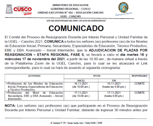 Read more about the article COMUNICADO – El Comité del Proceso de Reasignación Docente por Interés Personal y Unidad Familiar, Comunica a todos los señores(as) profesores(as) que la ADJUDICACION DE PLAZAS POR REASIGNACION – ETAPA REGIONAL FASE II, se llevará a cabo el día martes 16 y miércoles 17 de noviembre del 2021