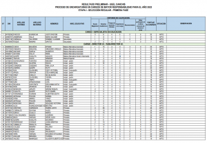 Read more about the article RESULTADO PRELIMINAR DEL PROCESO DE ENCARGATURAS EN CARGOS DE MAYOR RESPONSABILIDAD PARA EL AÑO 2022 ETAPA I – SELECCIÓN REGULAR – PRIMERA FASE