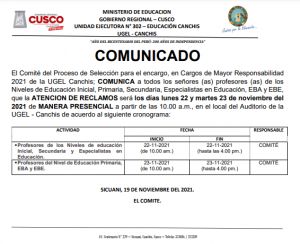 Read more about the article COMUNICADO – El Comité del Proceso de Selección para el encargo, en Cargos de Mayor Responsabilidad 2021 de la COMUNICA a todos los señores(as) profesores(as), que la ATENCION DE RECLAMOS será los días lunes 22 y martes 23 de noviembre del 2021 de MANERA PRESENCIAL