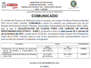 Read more about the article COMUNICADO – ADJUDICACION DE PLAZAS PARA LOS CARGOS DE MAYOR RESPONSABILIDAD ETAPA I – FASE I, se llevará a cabo los días jueves 25 y viernes 26 de noviembre del 2021