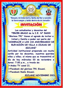 Read more about the article INVITACIÓN – Los estudiantes y docentes del Tercer Grado de la I.E. N° 56003 «GLORIOSO 791» invitan a ser parte del «Homenaje a los 134 aniversario de elevación de villa a ciudad de Sicuani»