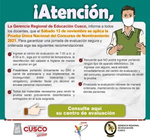 Read more about the article La Gerencia Regional de Educación Cusco, informa a todos los docentes, que el sábado 13 de noviembre se aplica la Prueba Única Nacional del concurso de nombramiento 2021