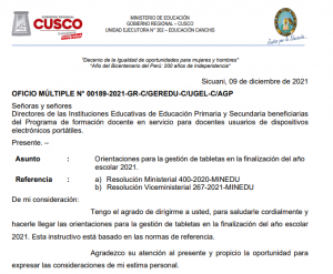 Read more about the article COMUNICADO – ORIENTACIONES PARA LA GESTIÓN DE TABLETAS EN LA FINALIZACIÓN DEL AÑO ESCOLAR 2021 PARA DIRECTORES DE II.EE. DE EDUCACIÓN PRIMARIA Y SECUNDARIA BENEFICIARIAS DEL PROGRAMA