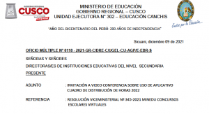 Read more about the article VIDEO CONFERENCIA SOBRE USO DE APLICATIVO CUADRO DE DISTRIBUCIÓN DE HORAS 2022