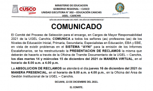 Read more about the article COMUNICADO – Cargos de Mayor Responsabilidad 2021 de la UGEL Canchis