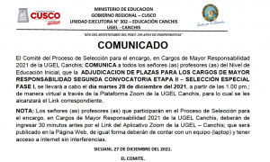 Read more about the article COMUNICADO – Cargos de Mayor Responsabilidad 2021 de la UGEL Canchis